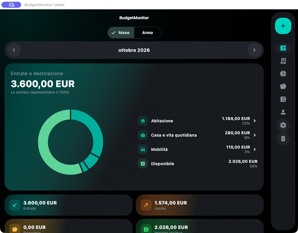 BudgetMonitor · Tablet · Anteprima nativa adattiva