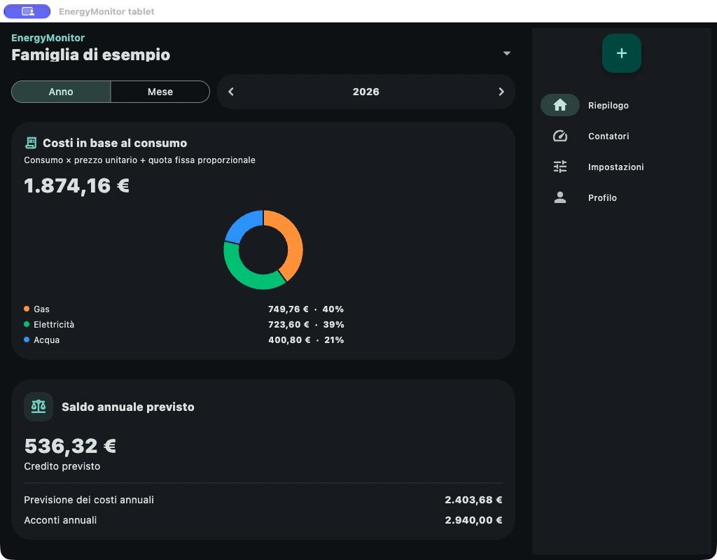 EnergyMonitor · Tablet · Anteprima nativa adattiva